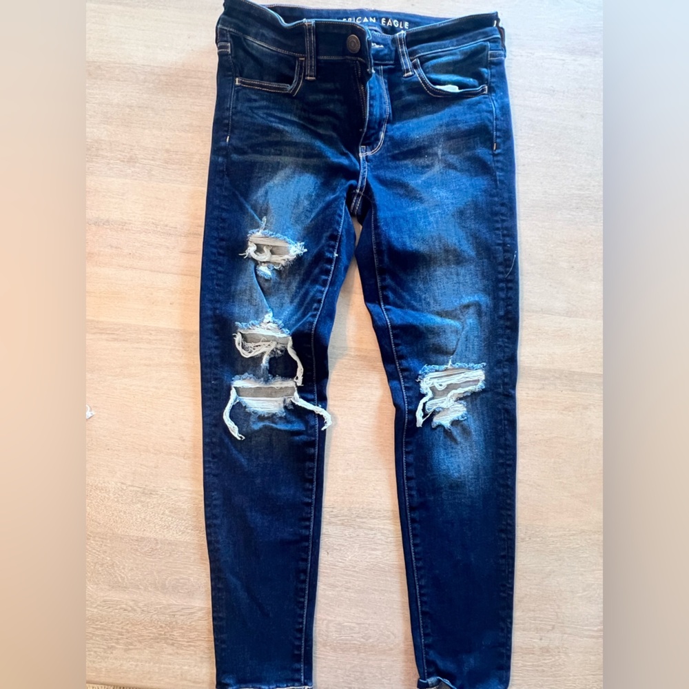 American Eagle Blue Jeggings with Distressed Details